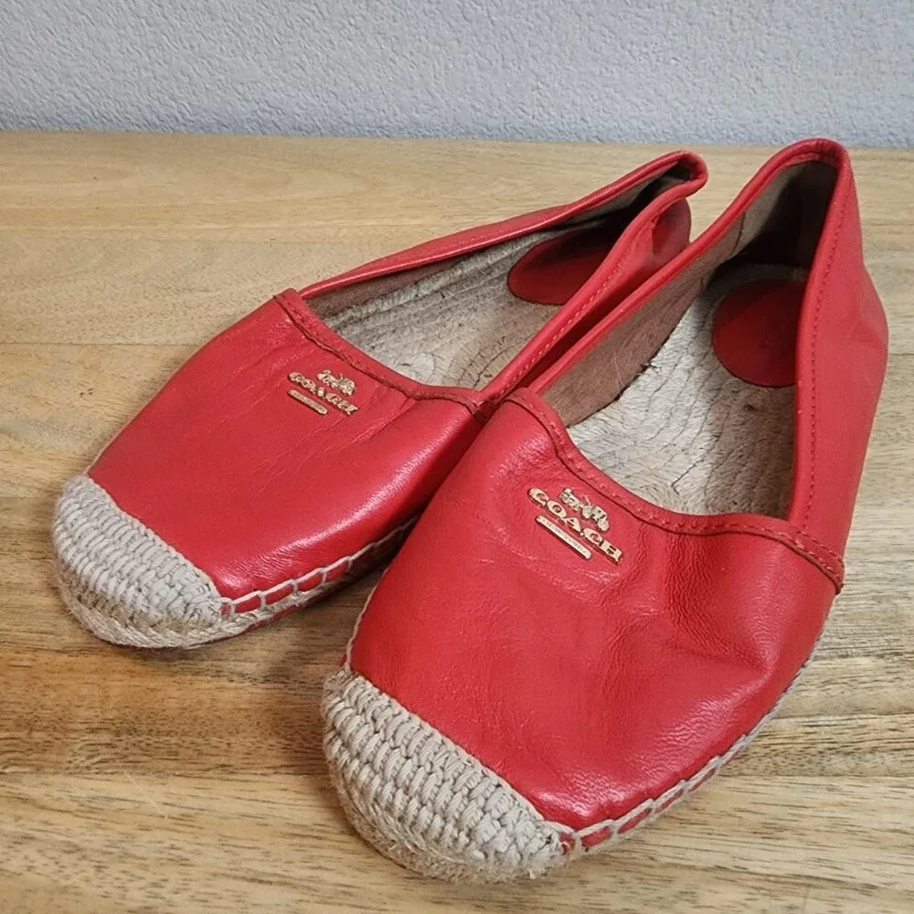 Coach Shoes Womens Size 7.5 Red Leather Espadrille Flats Logo Casual